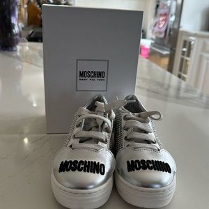 Moschino Silver Lace Up  Logo Trainers